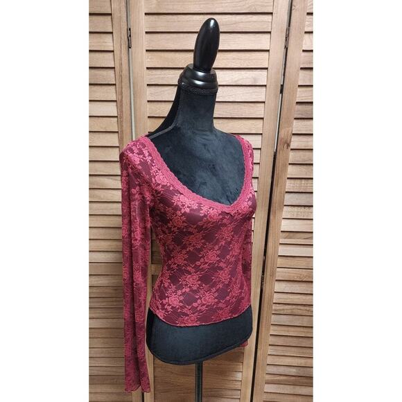Urban Outfitters Out From Under Burgundy Long Sleeve Top Small S Sheer Floral - Picture 3 of 8